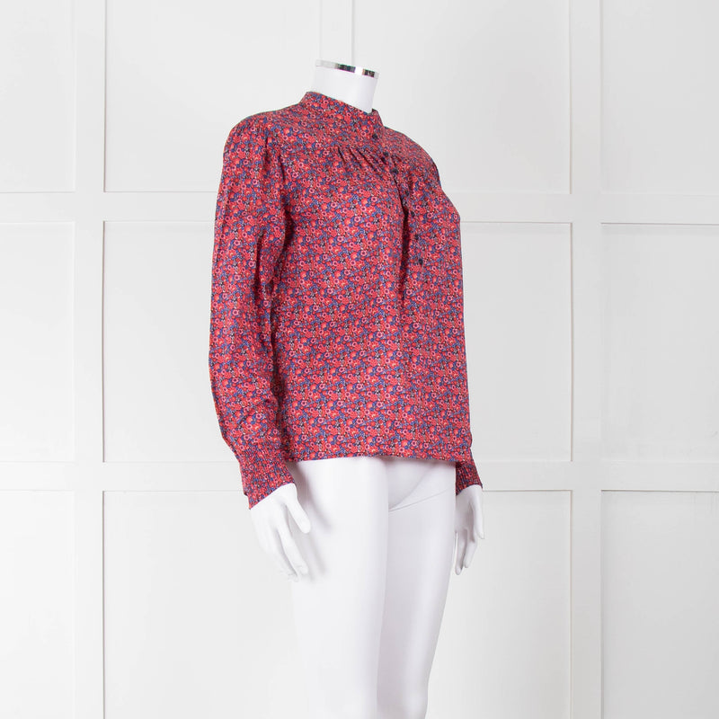 BA & SH Red Blue Cotton Floral Button Front Long Sleeve Top