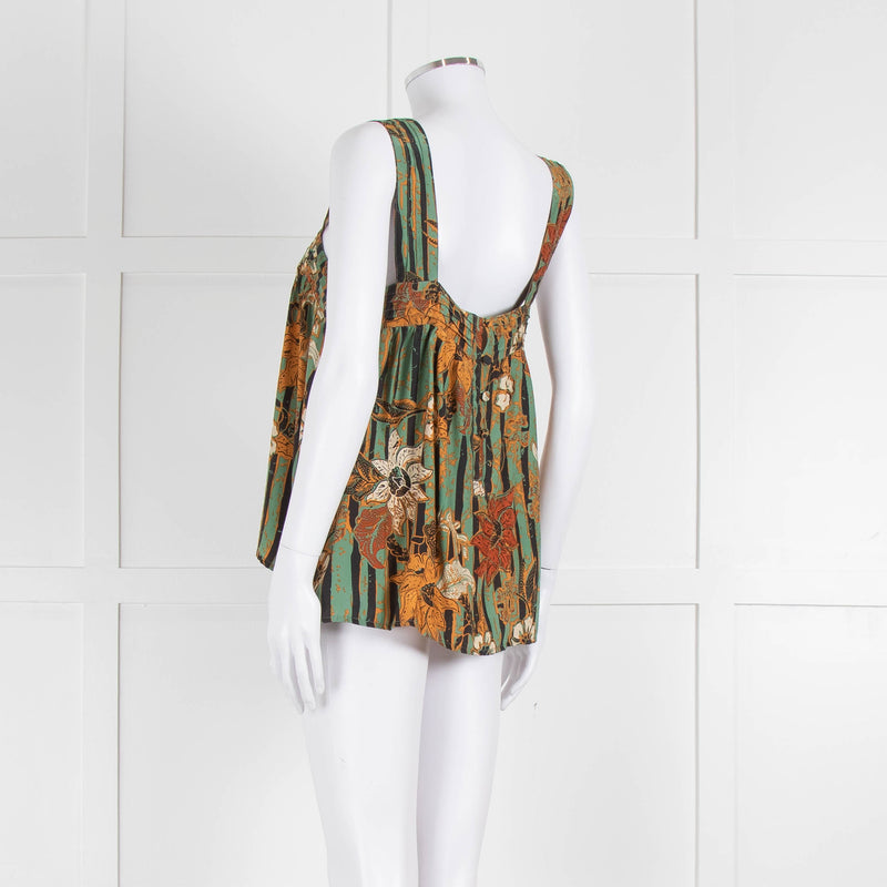 Natalie Martin Green Rust Floral Striped Silk Sleeveless Top