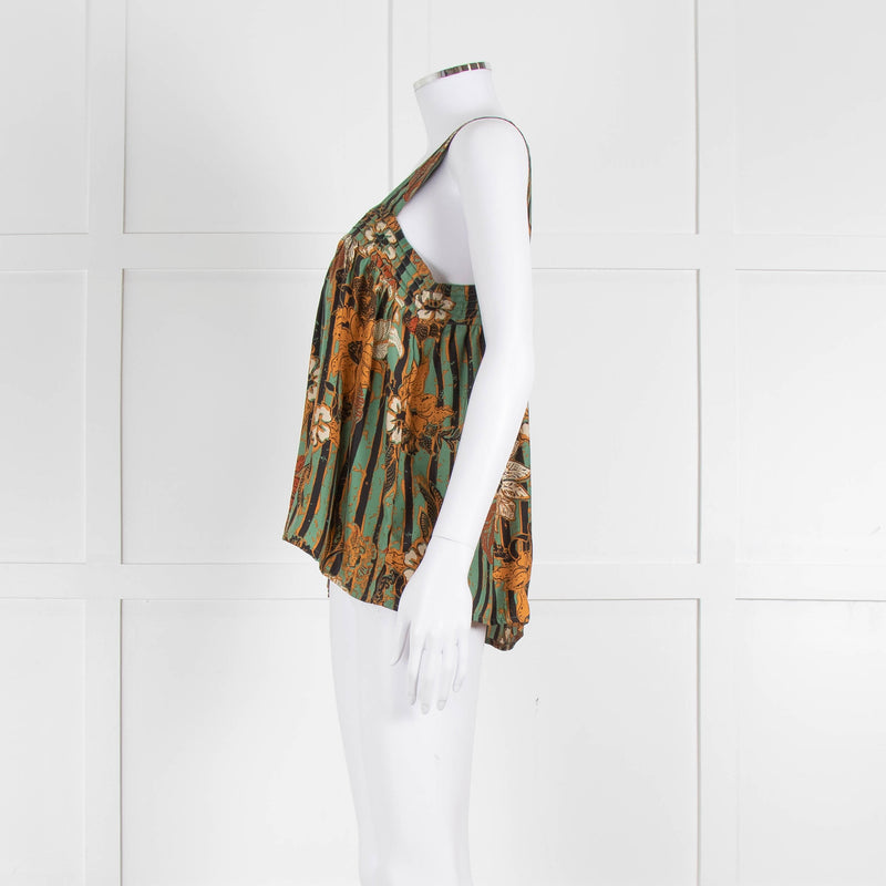 Natalie Martin Green Rust Floral Striped Silk Sleeveless Top