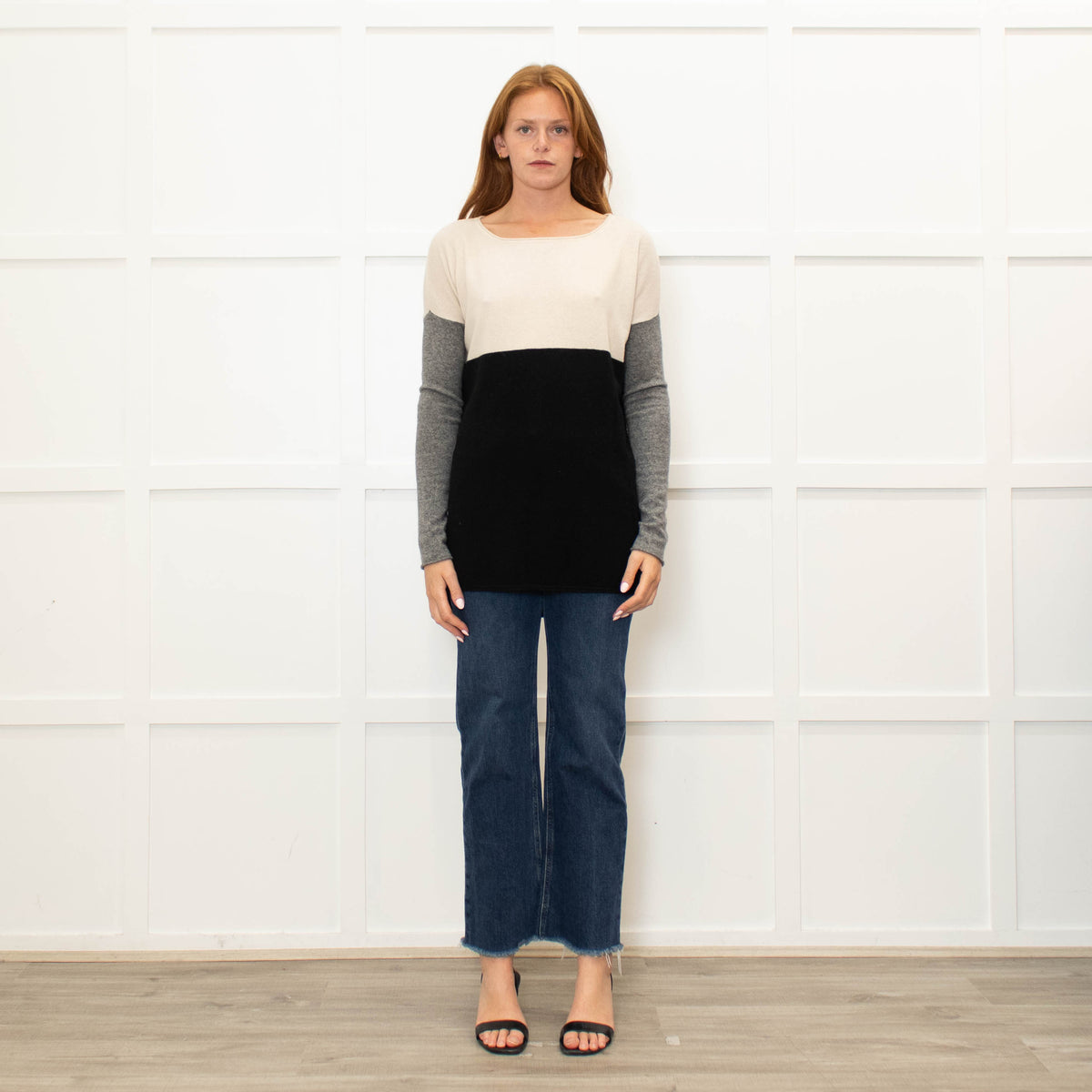 Vince Cream Grey Black Cashmere Blend Sweater