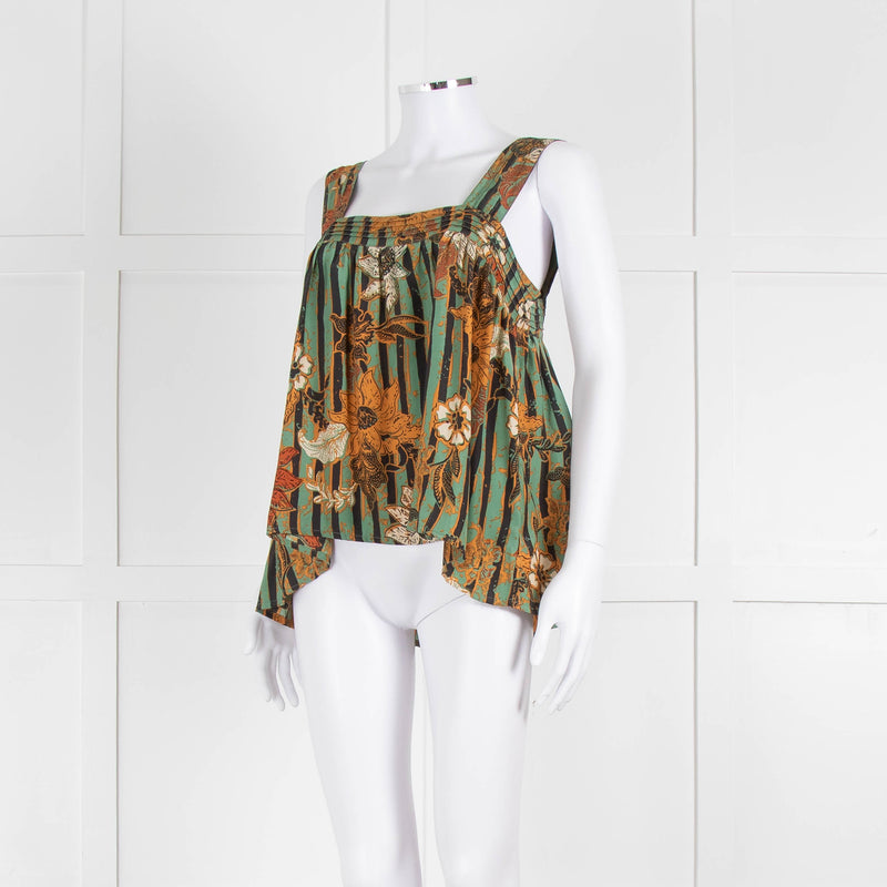 Natalie Martin Green Rust Floral Striped Silk Sleeveless Top