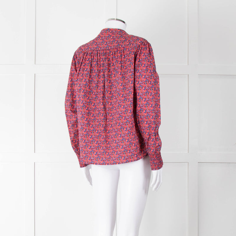 BA & SH Red Blue Cotton Floral Button Front Long Sleeve Top