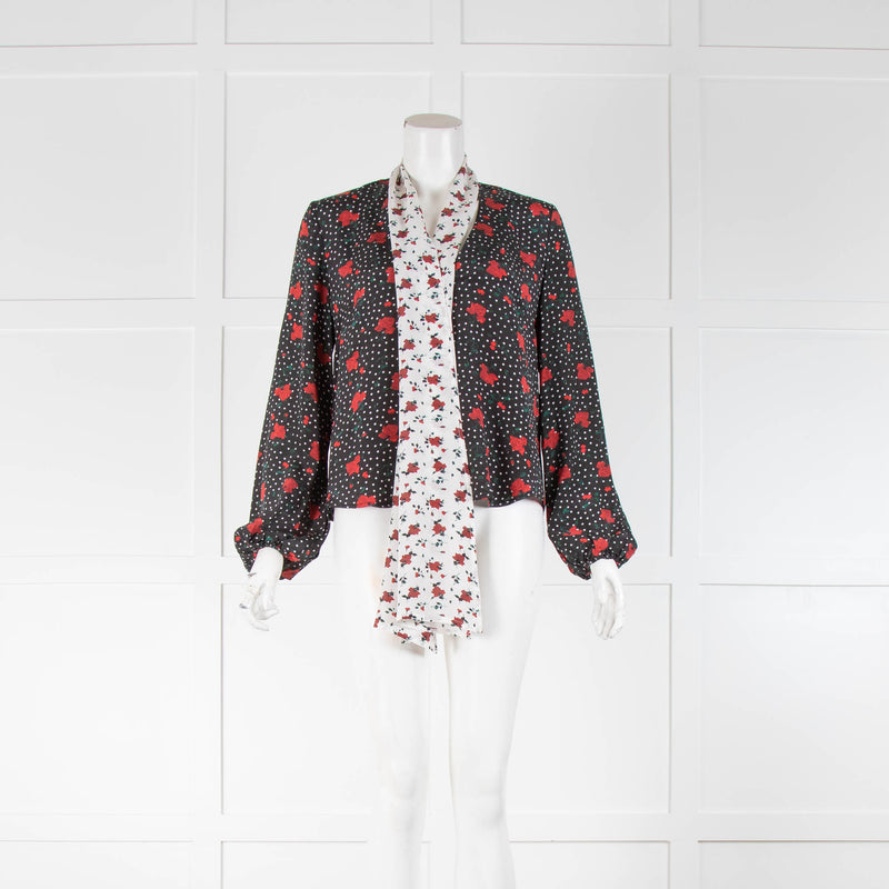 Rixo Rose Print Tie Neck Blouse