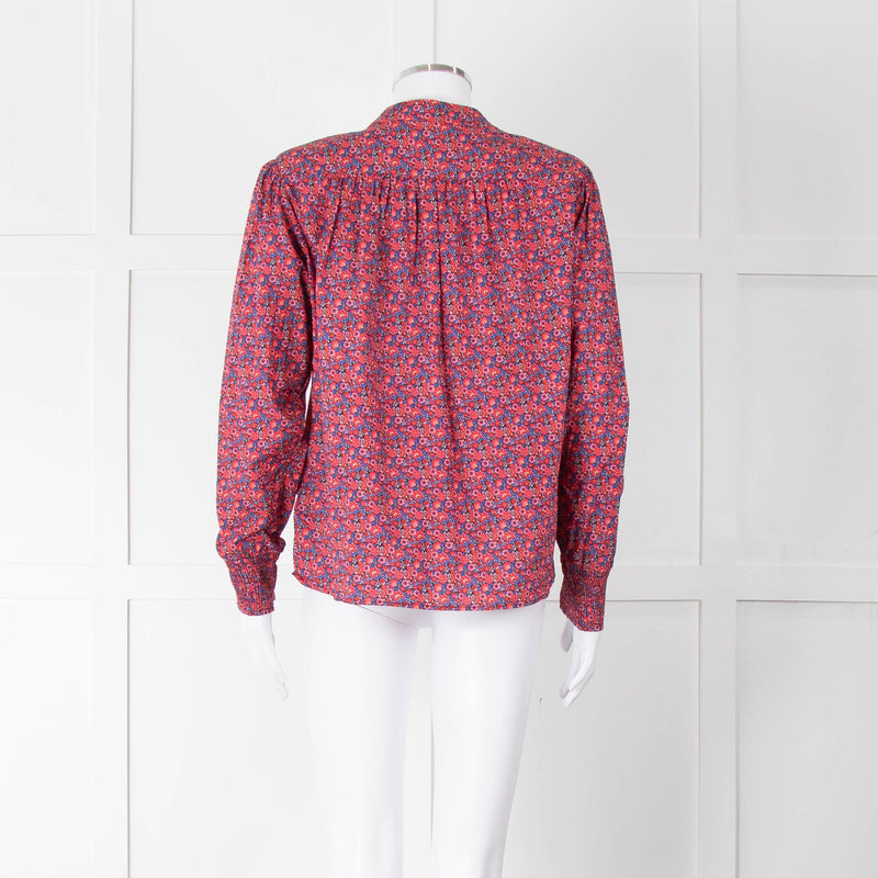 BA & SH Red Blue Cotton Floral Button Front Long Sleeve Top