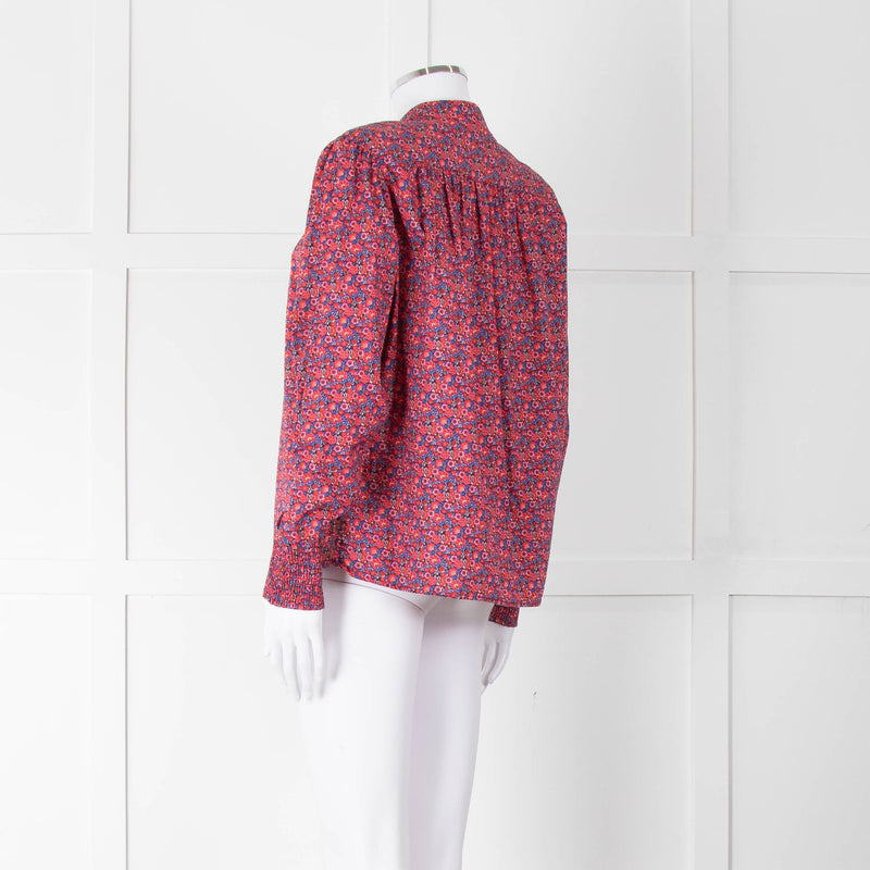 BA & SH Red Blue Cotton Floral Button Front Long Sleeve Top