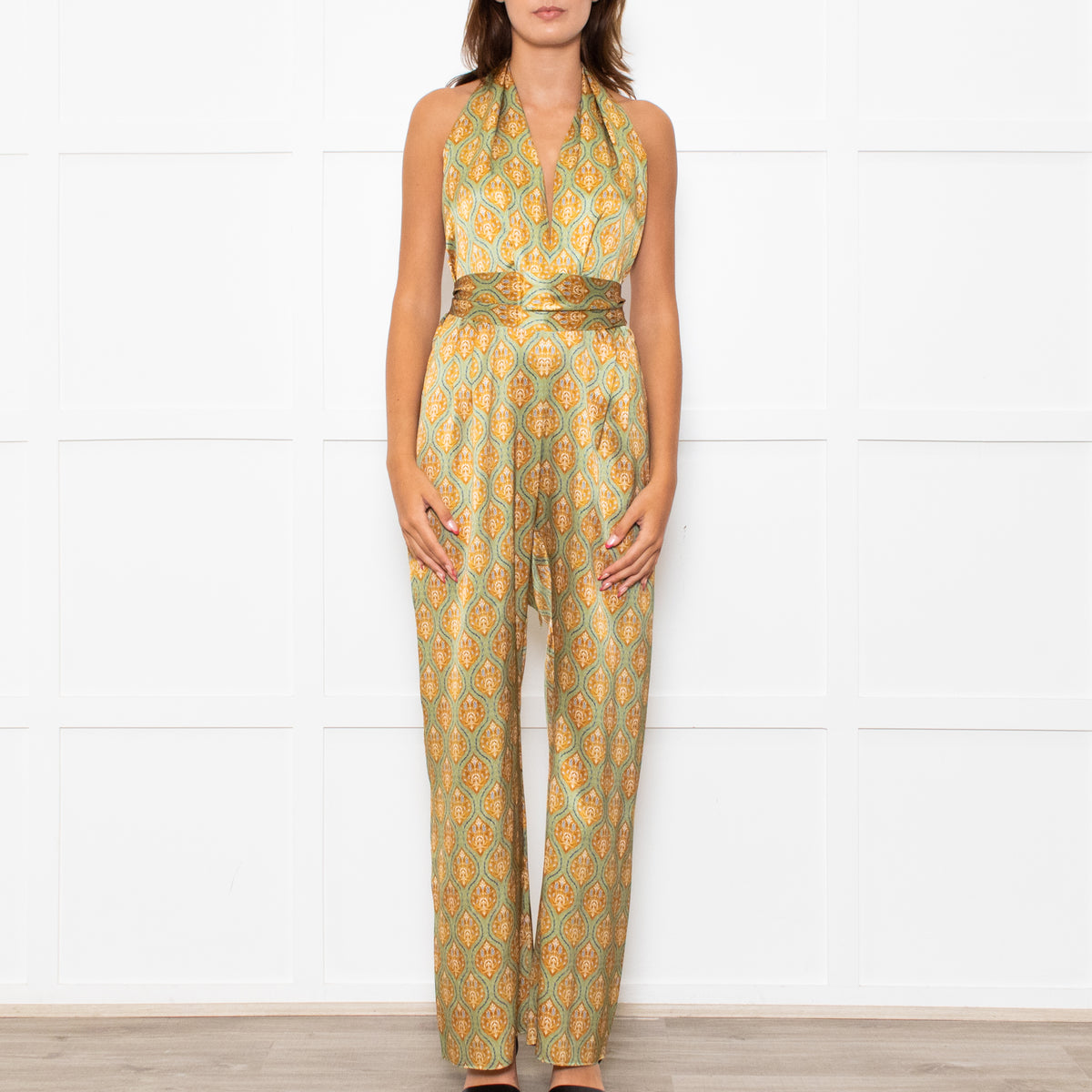 Seren Khaki Gold Silk Belted Sleeveless Jumpsuit