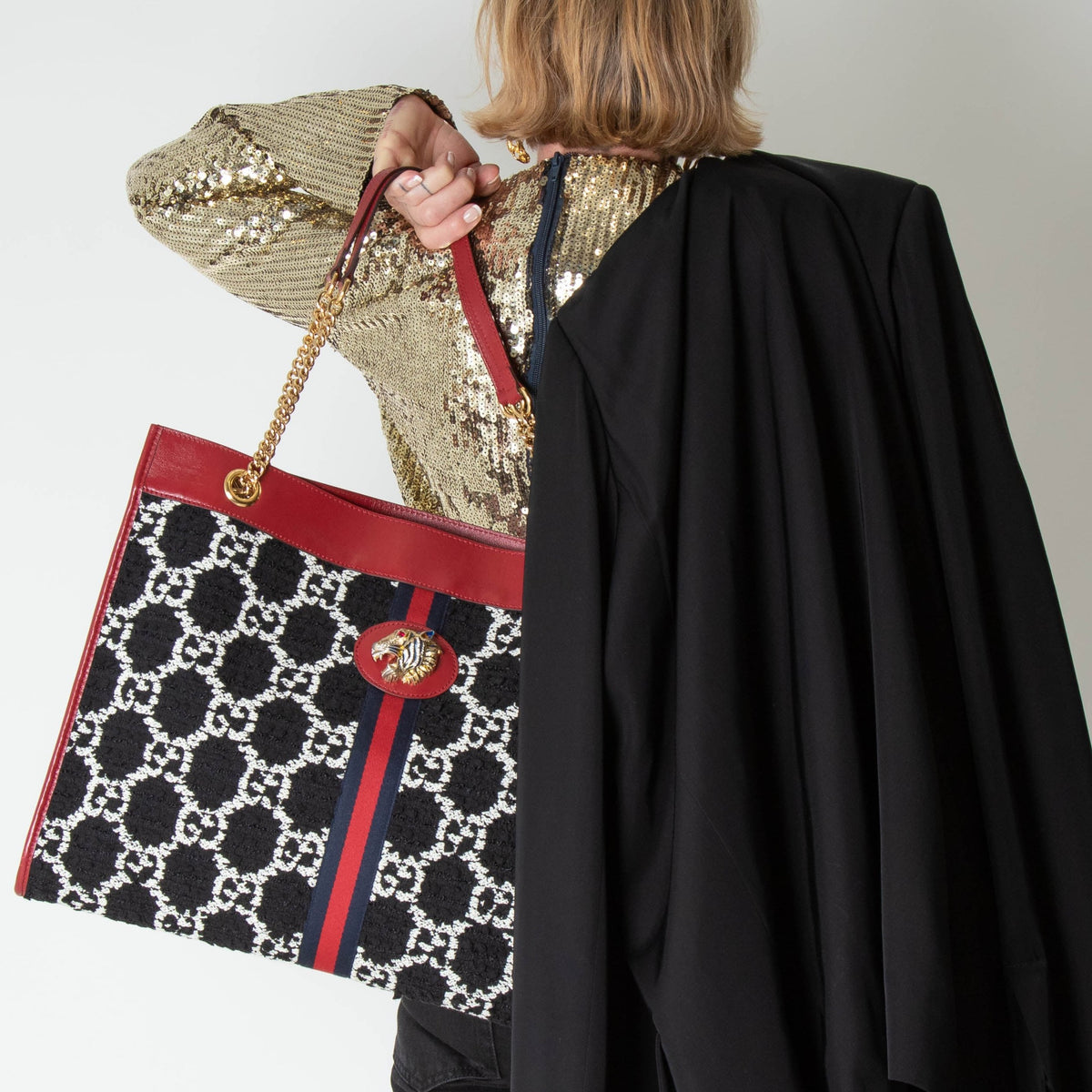 Gucci Black & White Boucle Red Leather Trim Rajah Bag