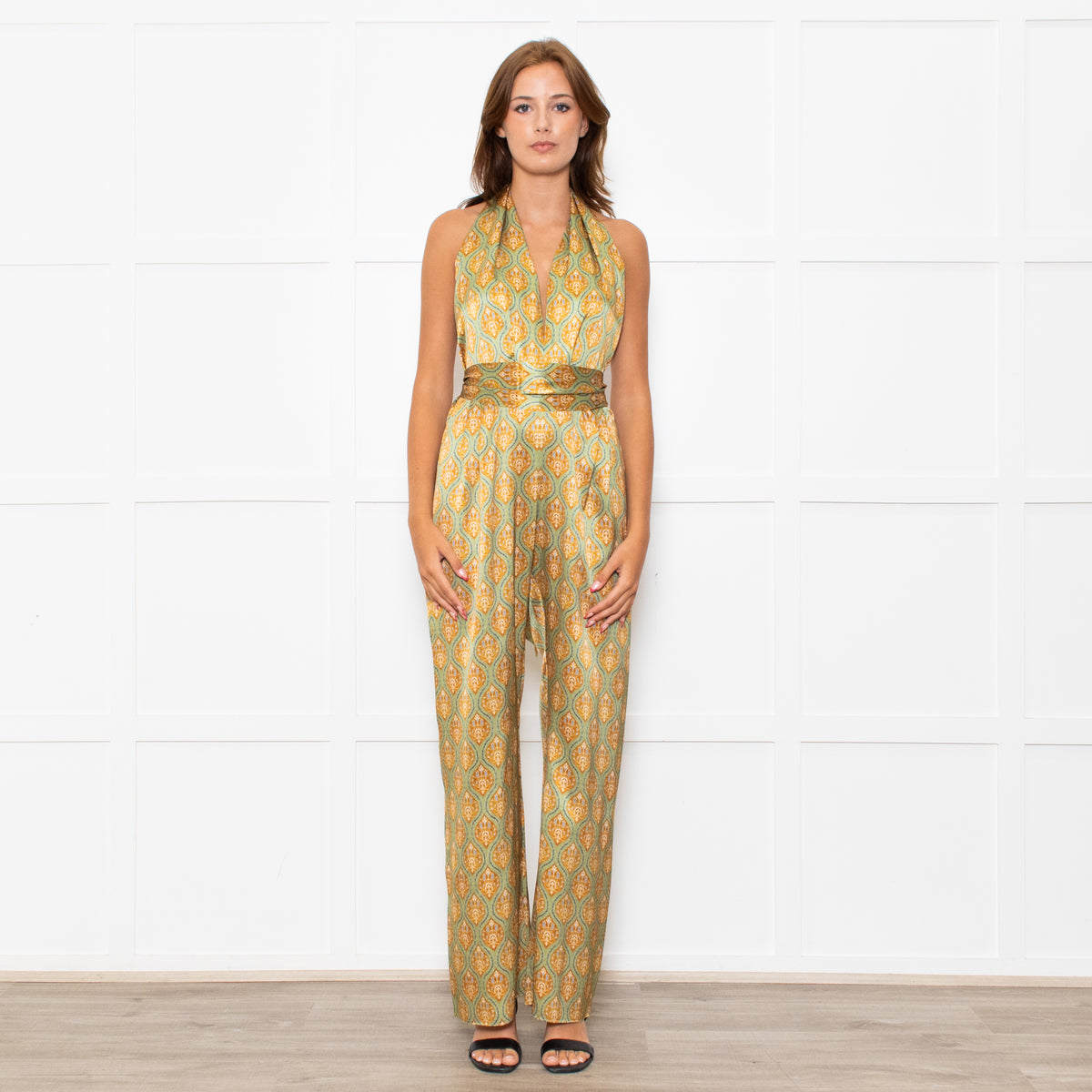 Seren Khaki Gold Silk Belted Sleeveless Jumpsuit