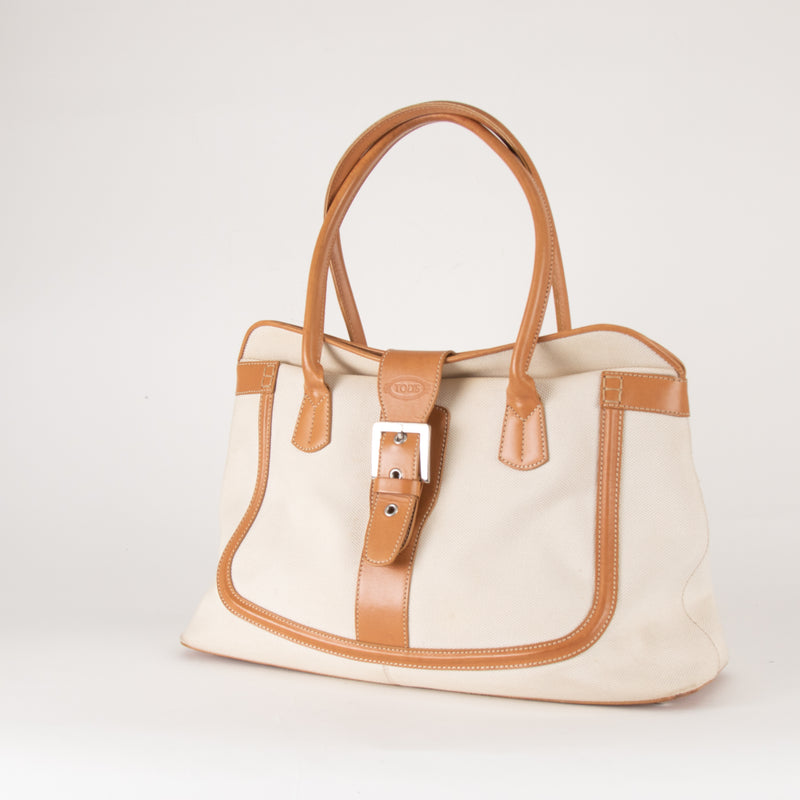 Tod's Canvas and Tan Leather Shoulder Bag