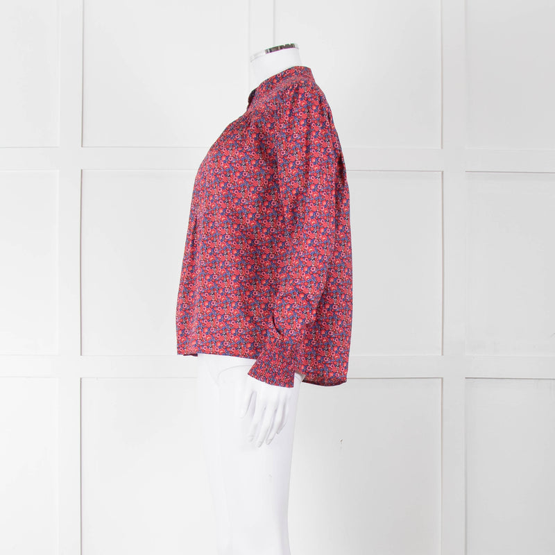BA & SH Red Blue Cotton Floral Button Front Long Sleeve Top