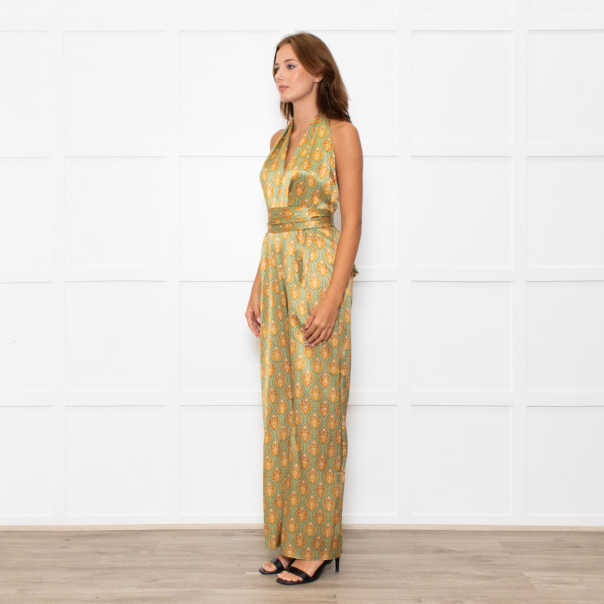 Seren Khaki Gold Silk Belted Sleeveless Jumpsuit