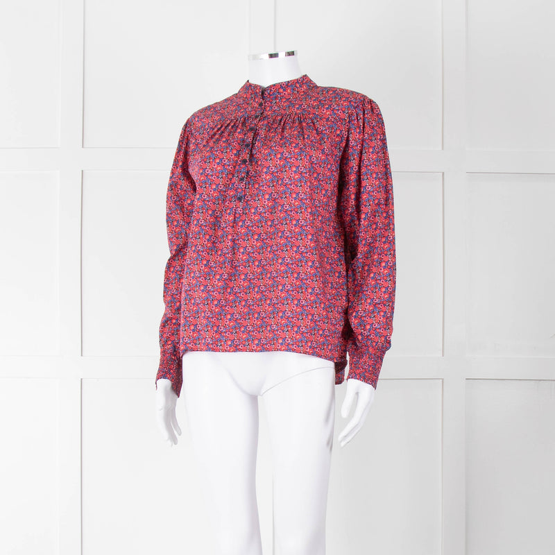 BA & SH Red Blue Cotton Floral Button Front Long Sleeve Top
