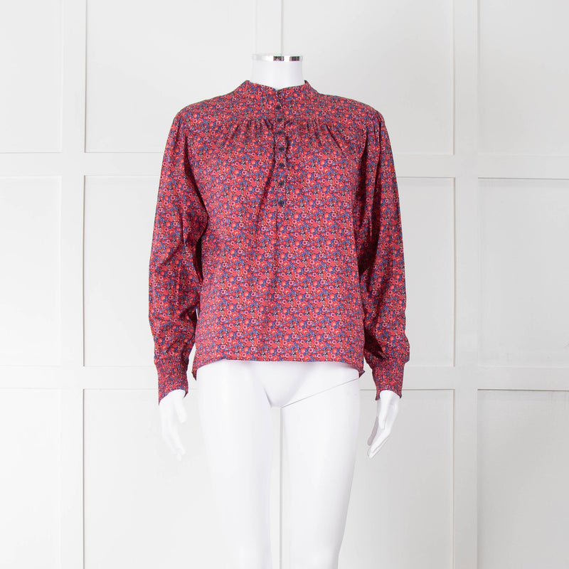 BA & SH Red Blue Cotton Floral Button Front Long Sleeve Top