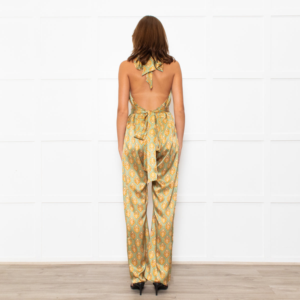 Seren Khaki Gold Silk Belted Sleeveless Jumpsuit