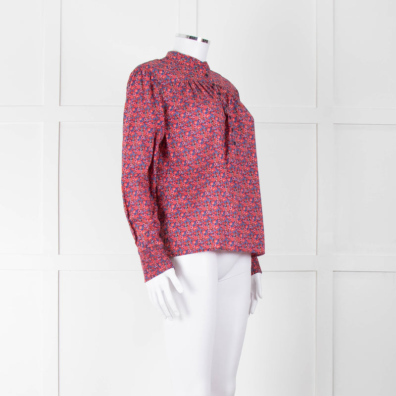 BA & SH Red Blue Cotton Floral Button Front Long Sleeve Top