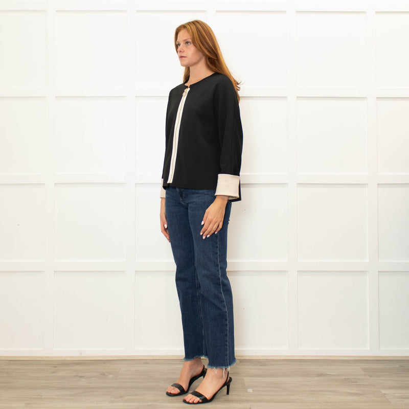 Pamela Milano Black Cream Trim Zip Up Top