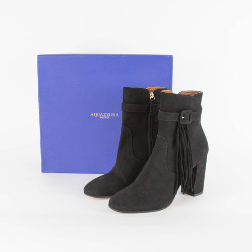 Aquazzura Black Suede Tassel Detail Ankle Boots