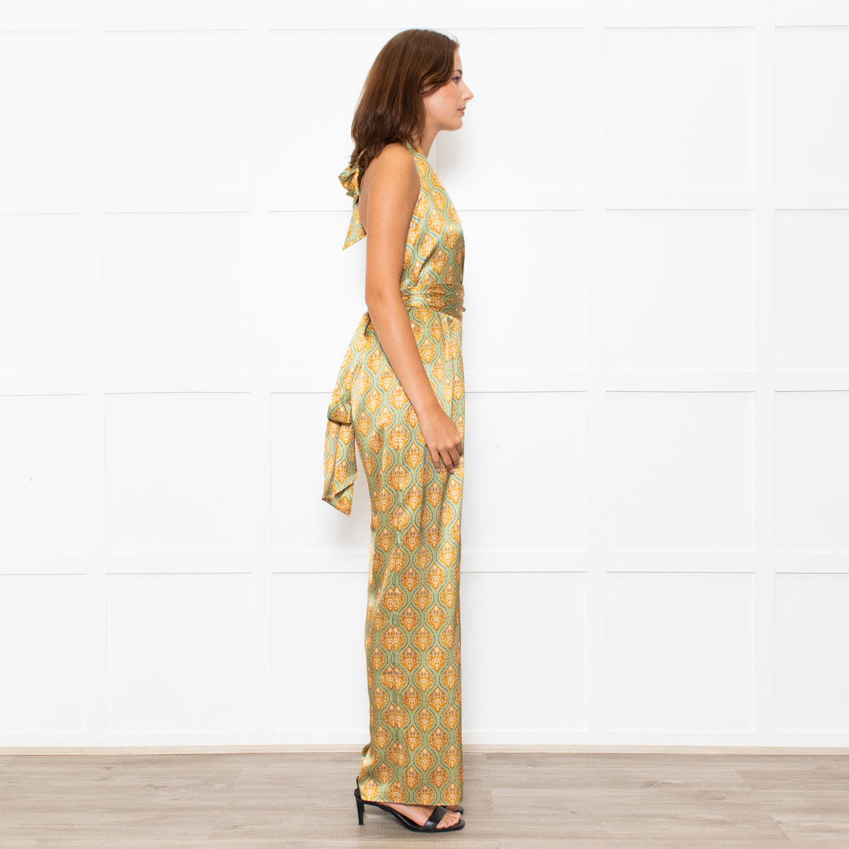 Seren Khaki Gold Silk Belted Sleeveless Jumpsuit