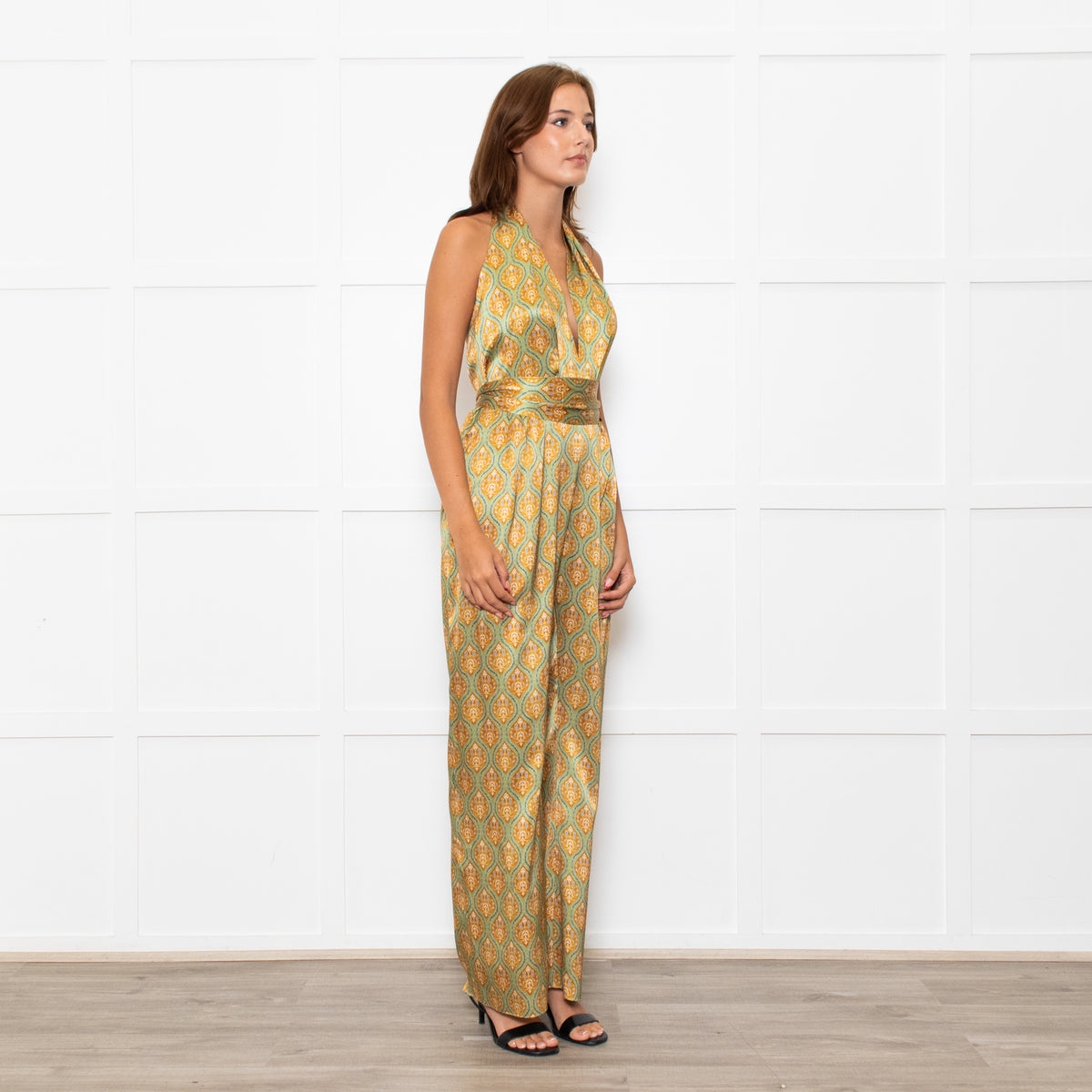 Seren Khaki Gold Silk Belted Sleeveless Jumpsuit