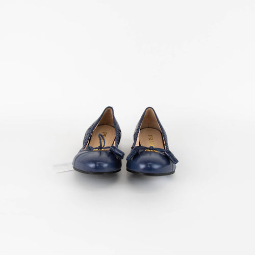 Prada Blue Leather Bow Detail Flat Pumps