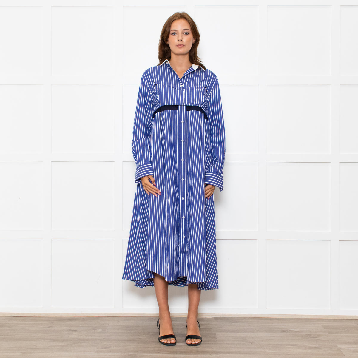Sacai Blue White Stripes Button Up Shirt Cotton Dress