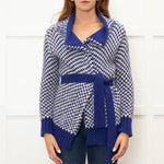Malo Blue White Chunky Knit Cashmere Belted Cardigan