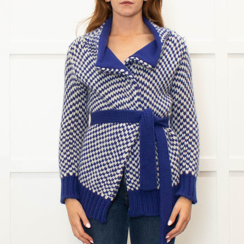Malo Blue White Chunky Knit Cashmere Belted Cardigan