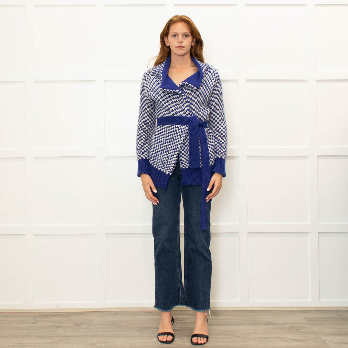 Malo Blue White Chunky Knit Cashmere Belted Cardigan