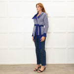Malo Blue White Chunky Knit Cashmere Belted Cardigan