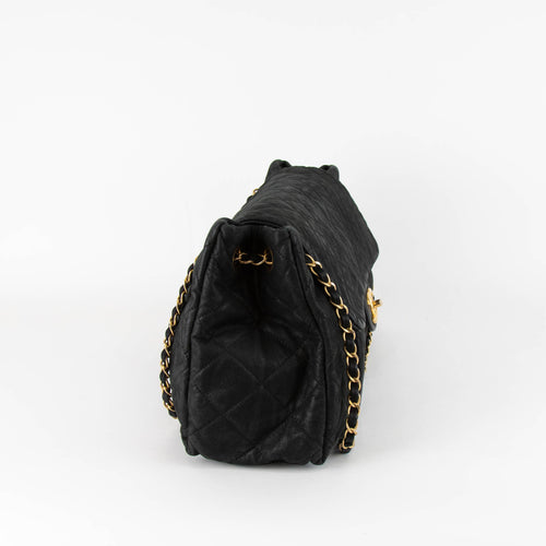 Chanel Black Gold Hardware Accordion Calfskin Leather Bag