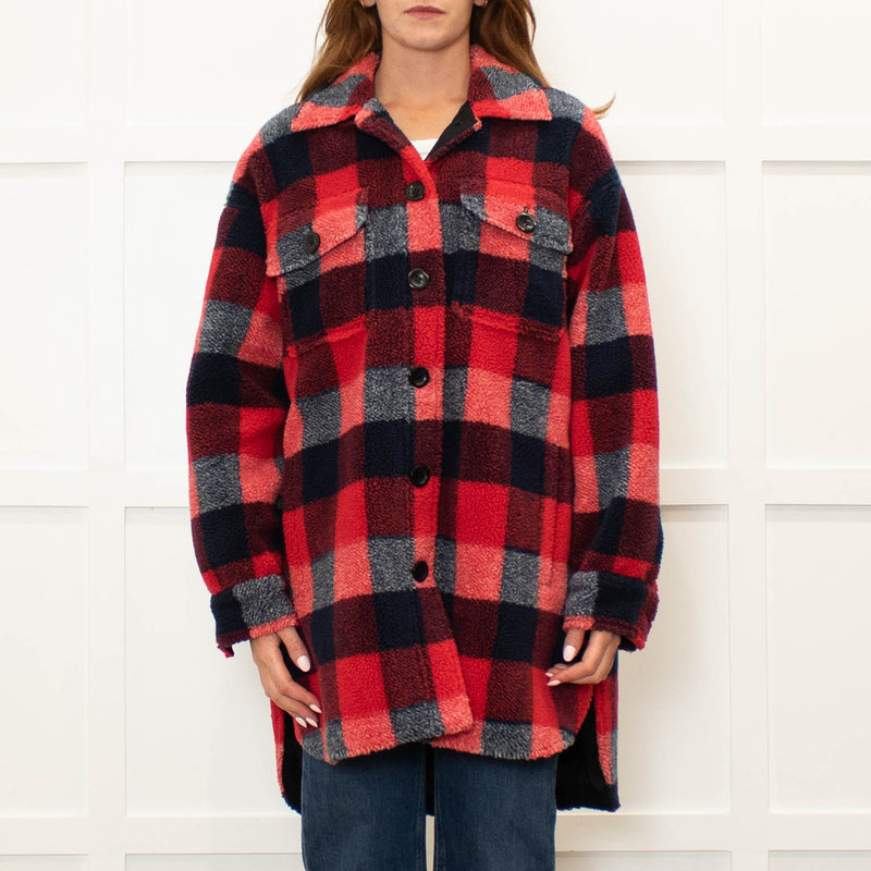 Stand Studio Red  Oversized Checked Faux Shearling Jacket