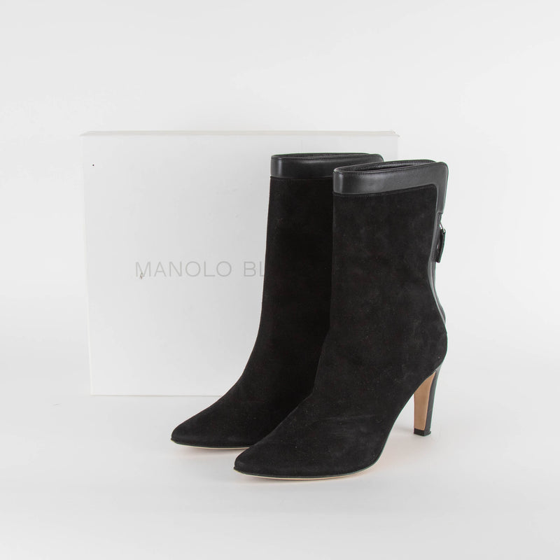 Manolo Blahnik Black Suede Heeled Ankle Boots