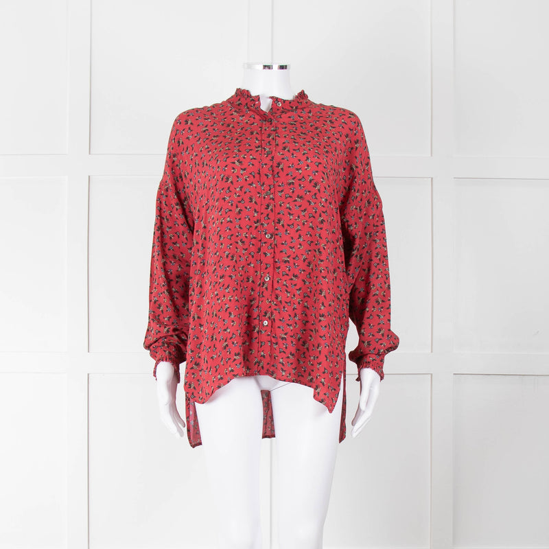 Zadig & Voltaire Red Floral Frill Trim Long Sleeve Top