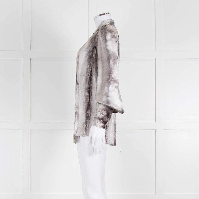 Dolce & Gabbana Light Grey Black Feathery Print Silk Button Up Shirt