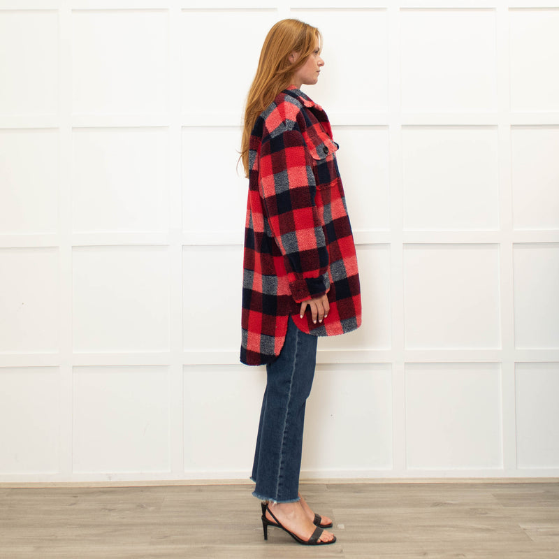 Stand Studio Red  Oversized Checked Faux Shearling Jacket