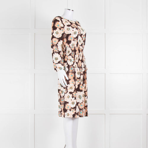 Prada Brown Cream Orange Floral Elasticated Waist Long Sleeve  Dress