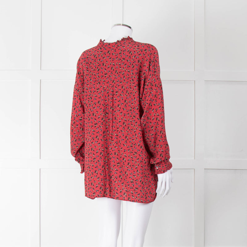 Zadig & Voltaire Red Floral Frill Trim Long Sleeve Top