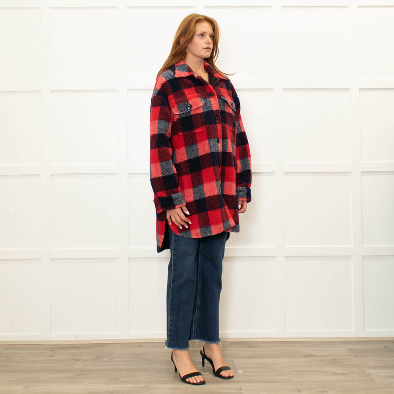 Stand Studio Red  Oversized Checked Faux Shearling Jacket