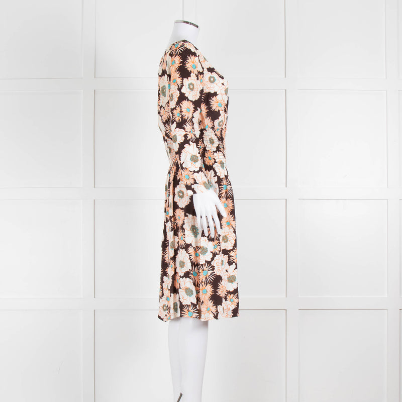 Prada Brown Cream Orange Floral Elasticated Waist Long Sleeve  Dress