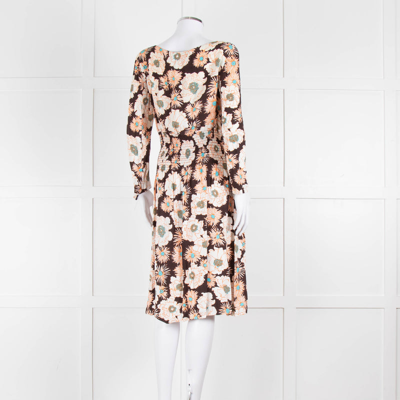 Prada Brown Cream Orange Floral Elasticated Waist Long Sleeve  Dress