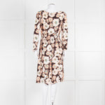 Prada Brown Cream Orange Floral Elasticated Waist Long Sleeve  Dress