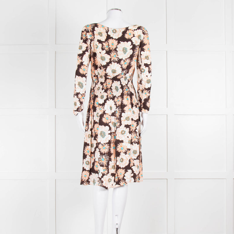 Prada Brown Cream Orange Floral Elasticated Waist Long Sleeve  Dress