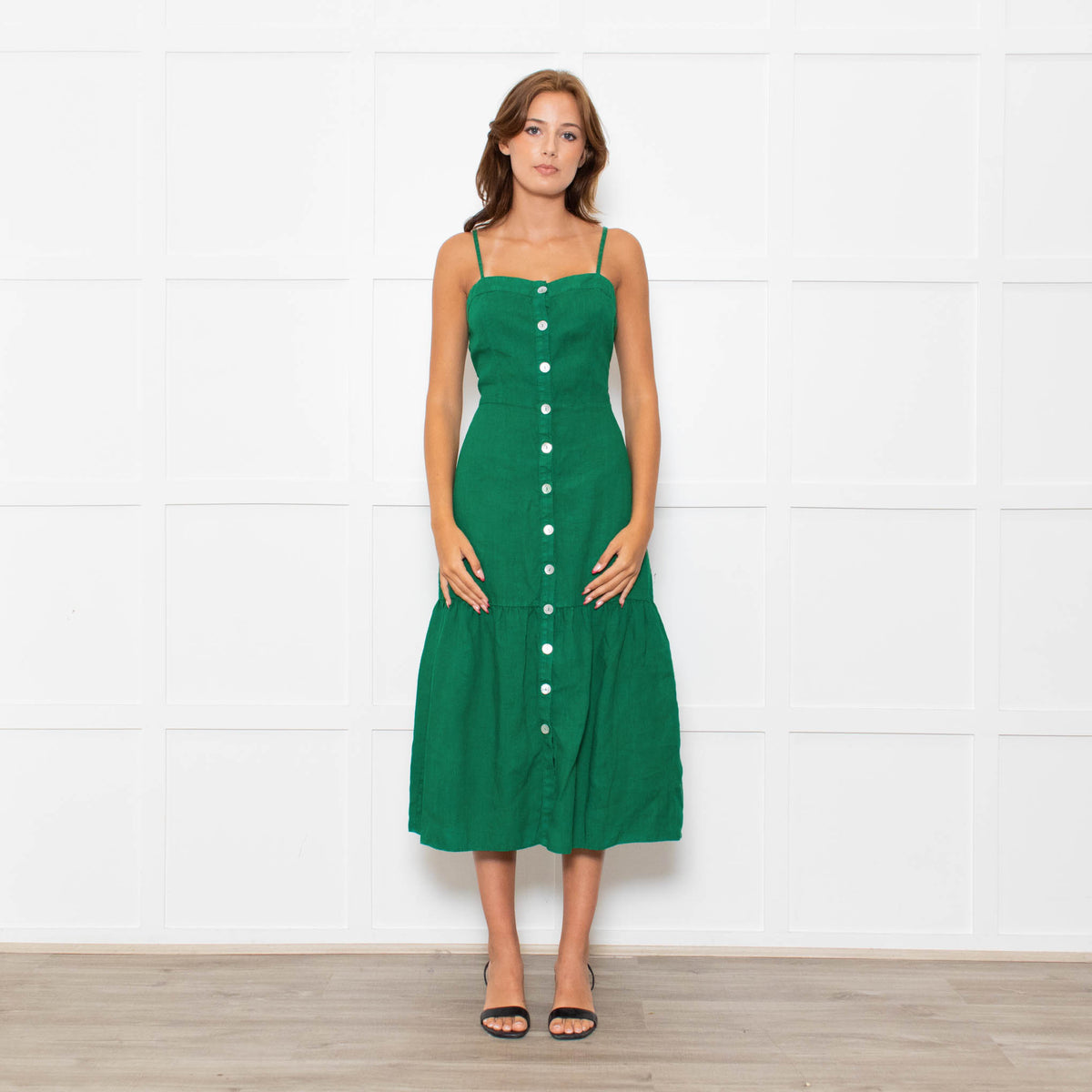 Nation Los Angeles Green Linen Button Up Sleeveless Dress