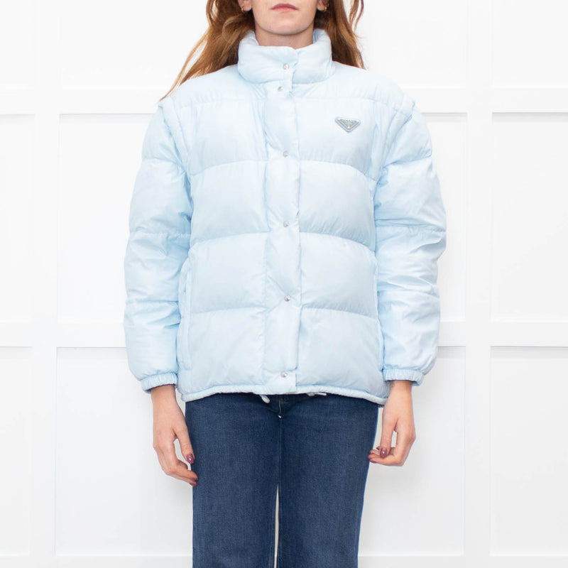 Prada Pale Blue Puffer Jacket with Zip Off Sleeves