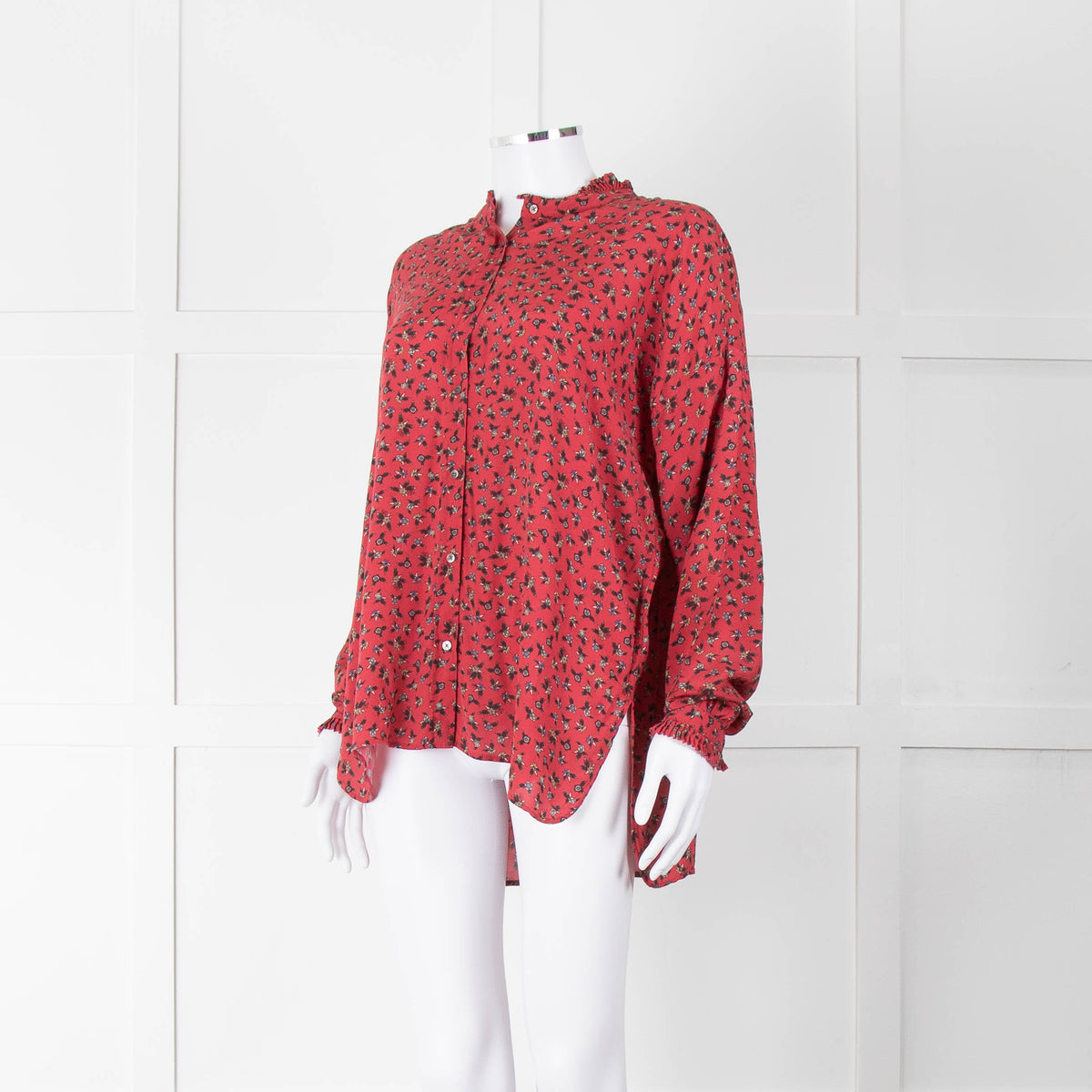 Zadig & Voltaire Red Floral Frill Trim Long Sleeve Top
