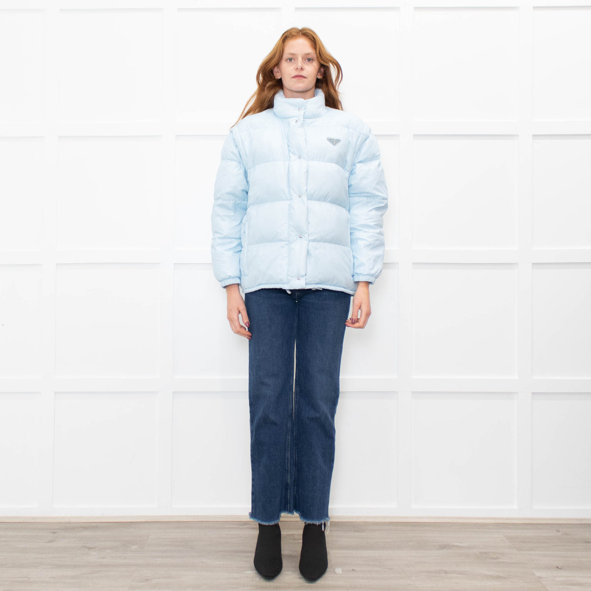 Prada Pale Blue Puffer Jacket with Zip Off Sleeves
