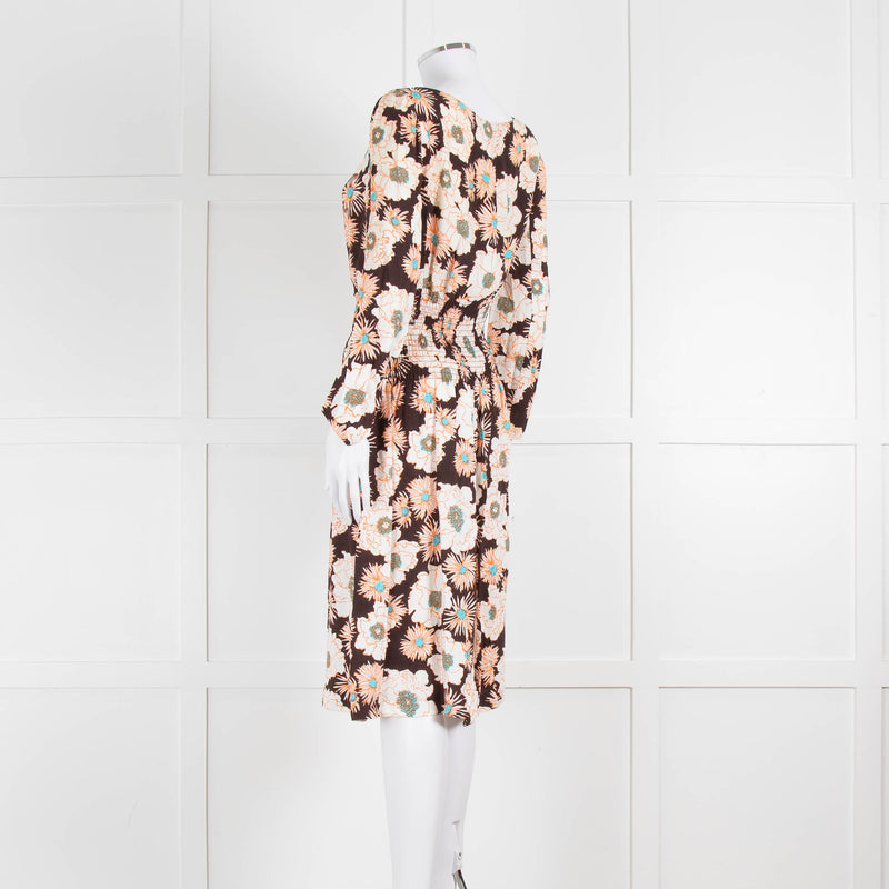 Prada Brown Cream Orange Floral Elasticated Waist Long Sleeve  Dress