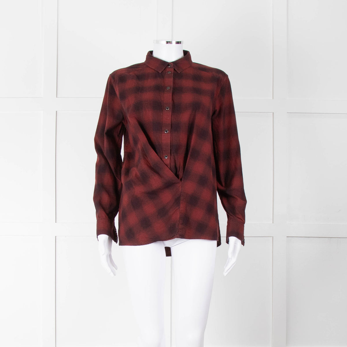 All Saints Wine Red Black Check Popper Pleat Front Blouse
