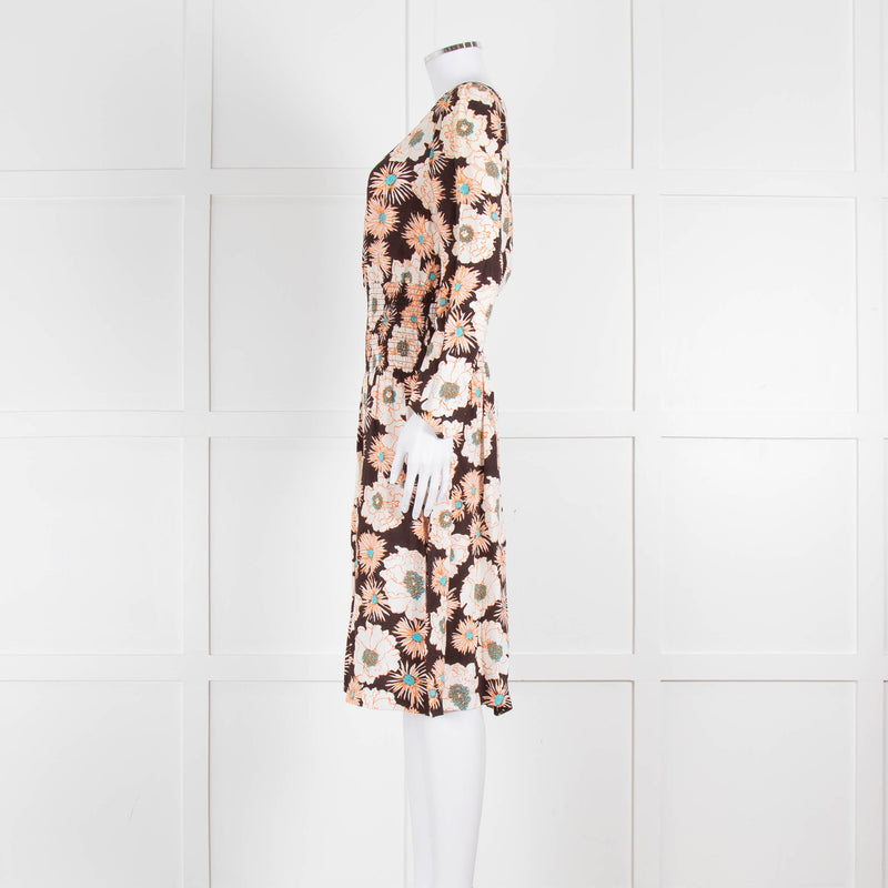 Prada Brown Cream Orange Floral Elasticated Waist Long Sleeve  Dress