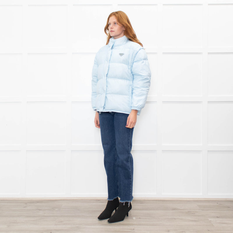 Prada Pale Blue Puffer Jacket with Zip Off Sleeves